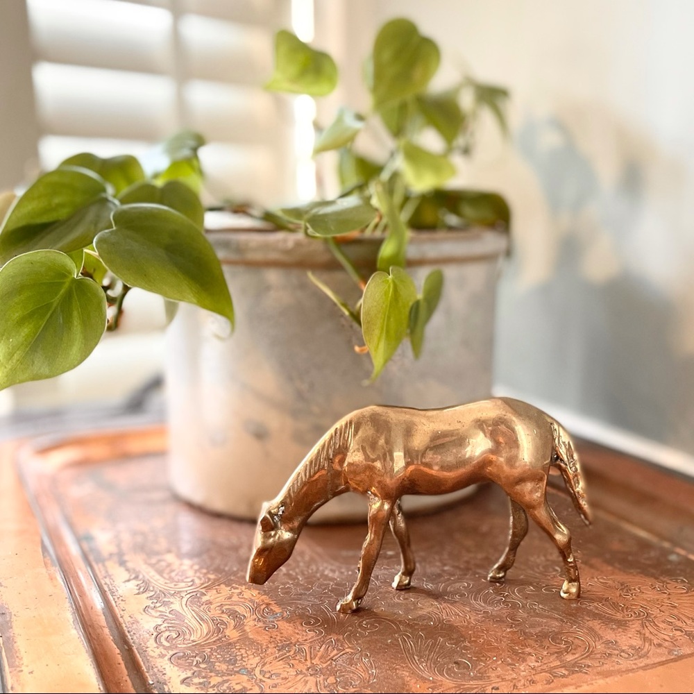 Rare Antique Brass Grazing Horse